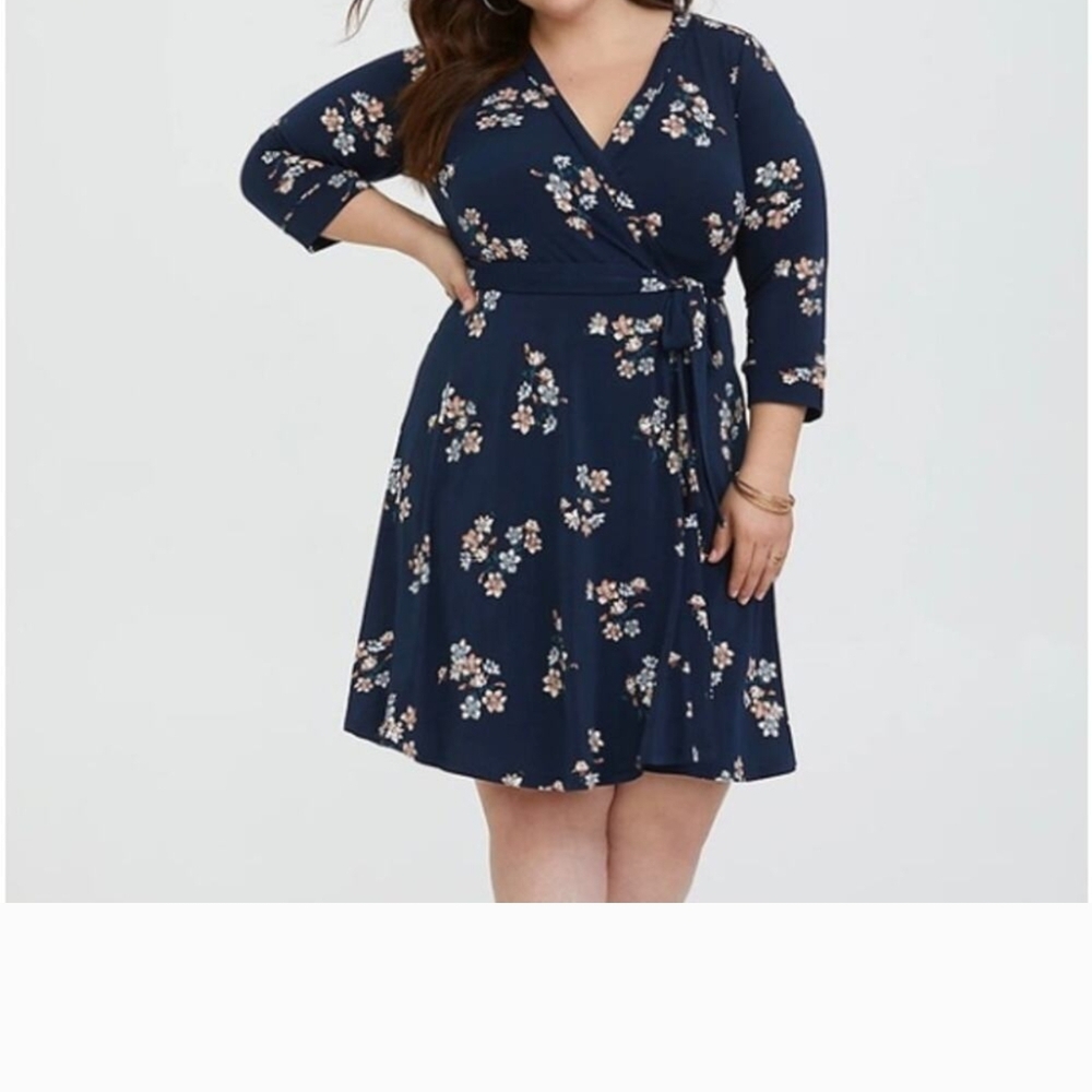 Torrid Blue A-Line Faux Wrap Dress with 3/4 Sleeves